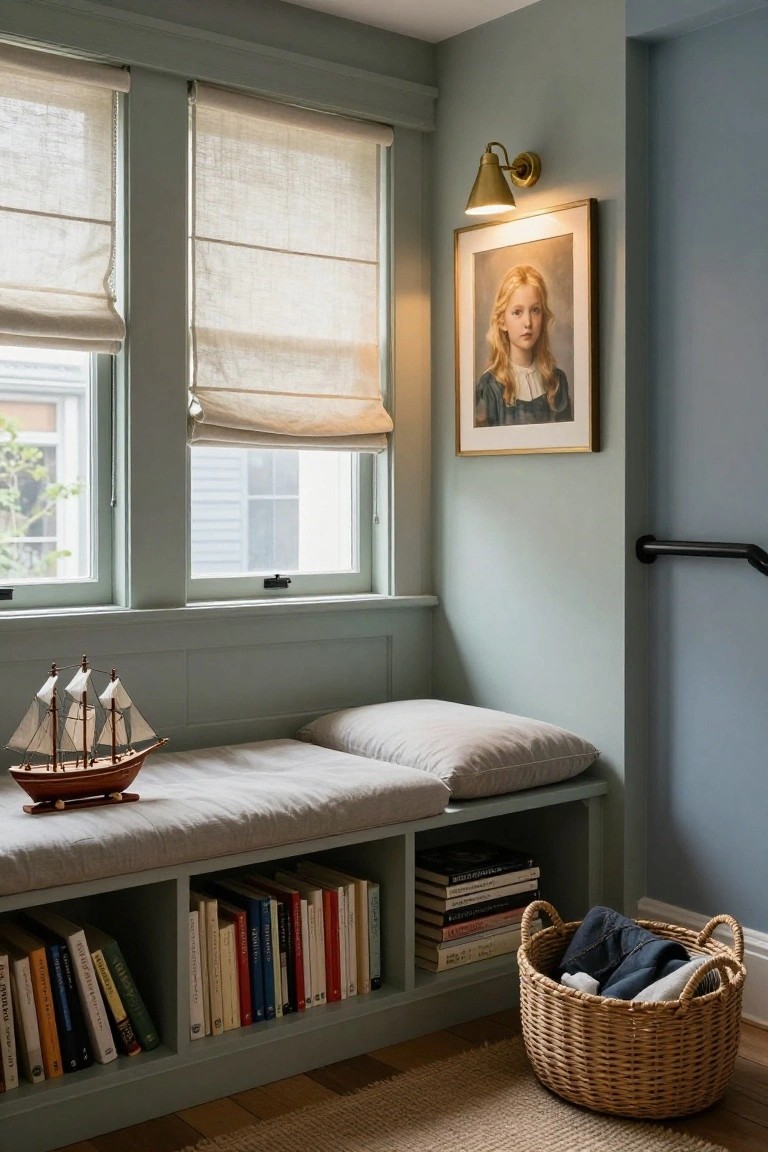 Sage green corner room with cushioned window seat bench holding a model ship, built-in bookshelves below filled with books, wicker basket with folded clothes on wood floor, framed portrait of blonde girl in blue dress on wall, two large windows with linen shades, brass wall sconce.