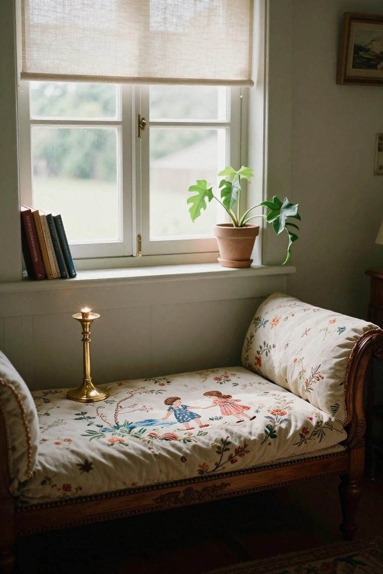 White-framed window with linen roller shade halfway up, books on the sill, monstera plant in terracotta pot, brass candlestick holding lit candle, and floral embroidered chaise lounge with two girls in dresses on the seat cushion, in a light-colored room.