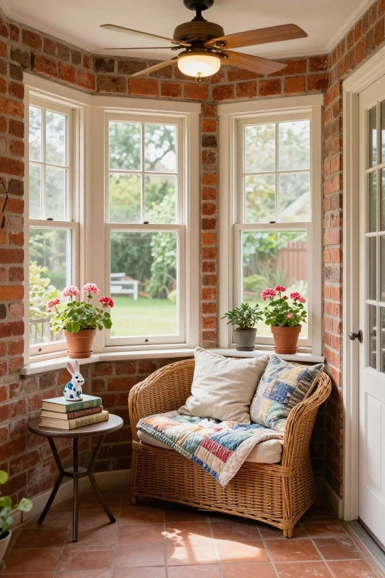 A wicker armchair with white cushions, colorful quilt, and pillows sits in a corner of a brick-walled sunroom beside triple windows overlooking a garden, with potted plants on sills, books on a side table, and a ceiling fan overhead.