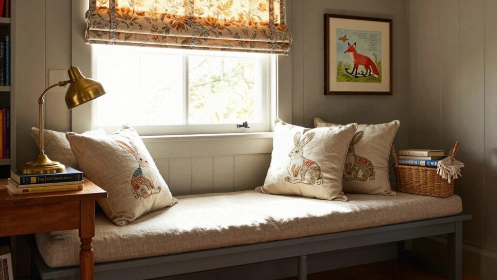 22 Calm Cottage Reading Nook Ideas With Storybook Character Built-in gray window bench with white cushions featuring embroidered rabbit and fox designs, brass lamp, stacked books on wooden side table, wicker basket with blanket, sheer shades on corner windows overlooking garden, light wood floors.