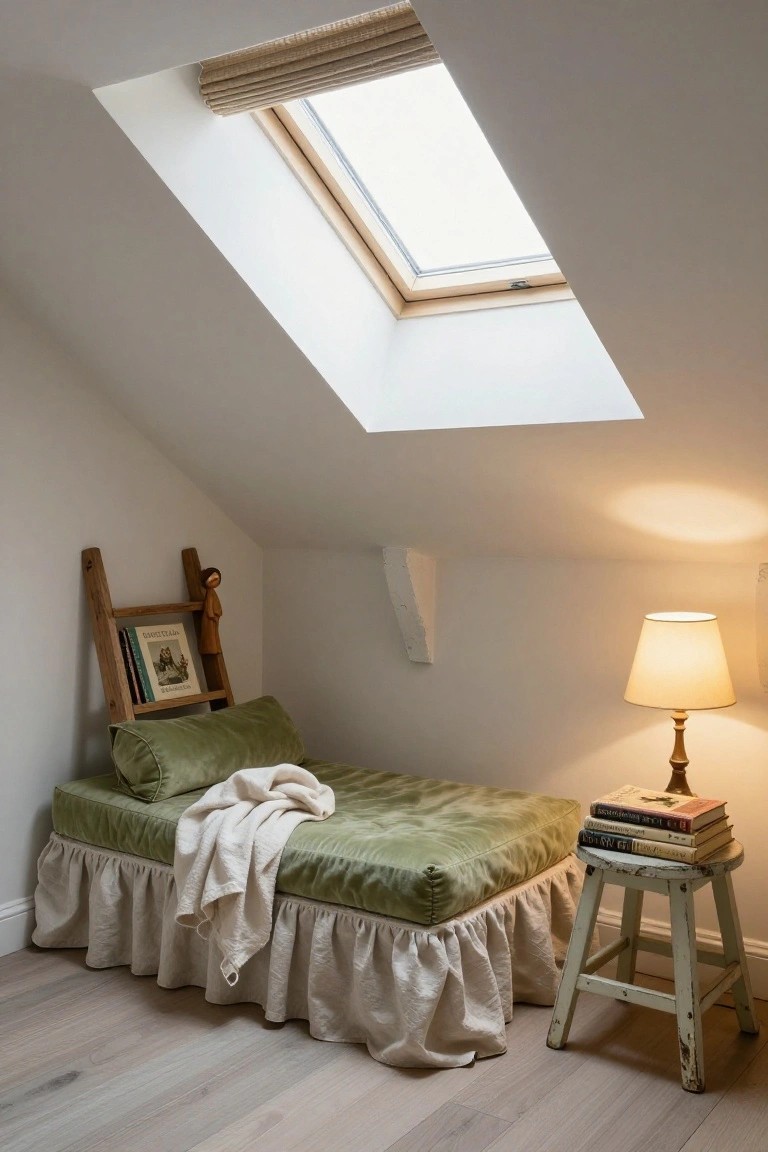 Attic room with sloped white ceilings and skylight, featuring a low green velvet daybed with white linen skirts and throw, wooden ladder bookshelf holding books and a wooden doll, a stool with lamp and stacked books, and light oak floors.