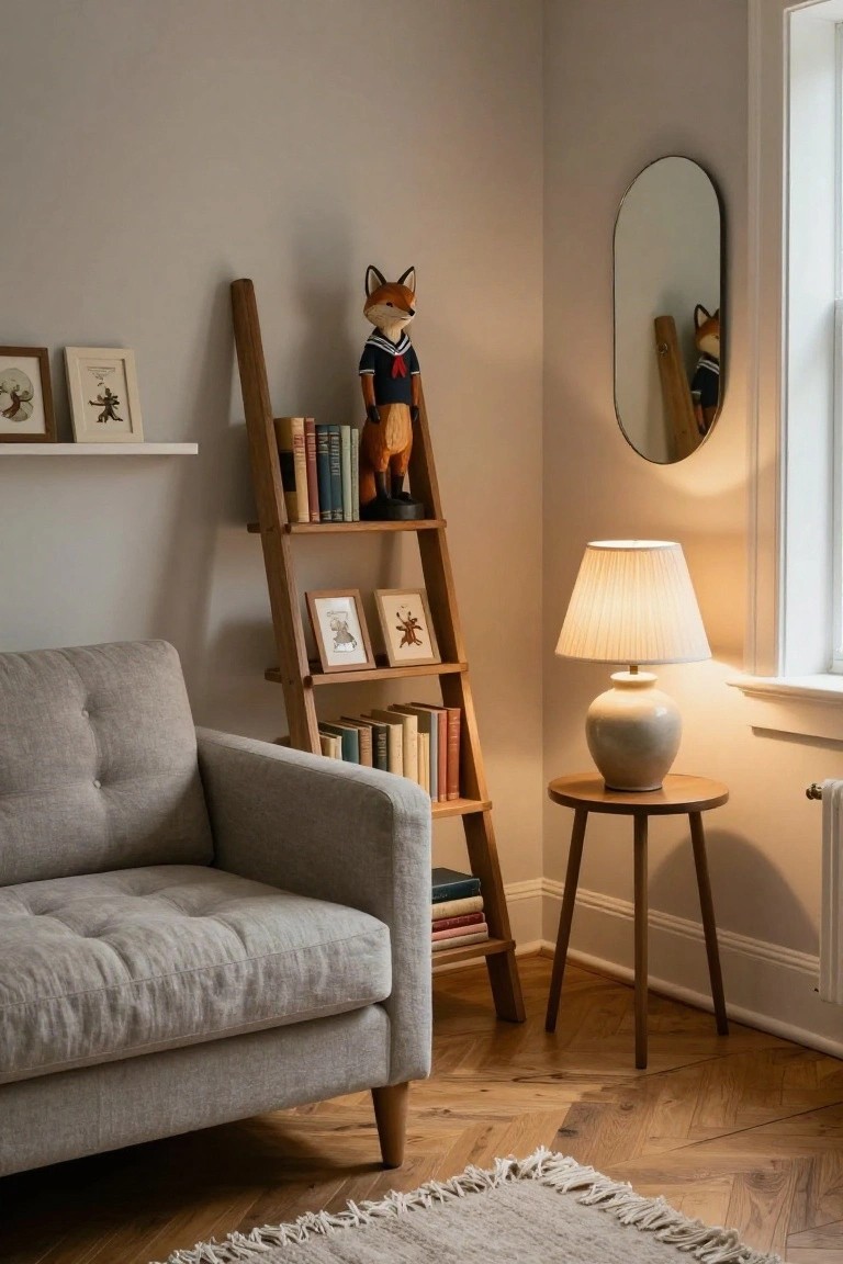 Corner reading nook with wooden ladder shelf holding books and fox figurine in sailor outfit, gray linen armchair, tripod side table with ceramic lamp, oval mirror, and light gray walls over herringbone wood floor.