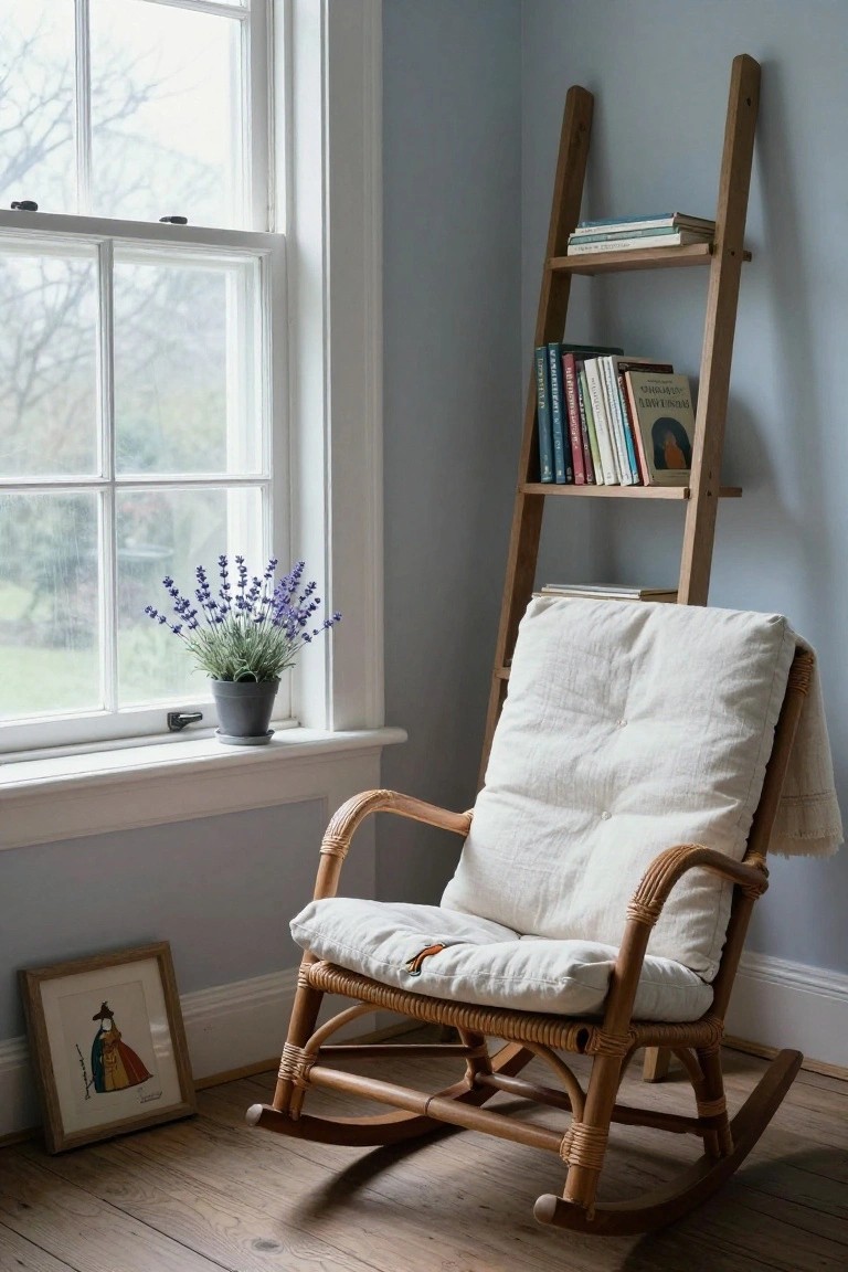 Cozy interior corner with light blue walls, wooden ladder shelf stocked with books, rattan rocking chair with white tufted cushions and throw, potted lavender plant on windowsill, and small framed artwork on hardwood floor.