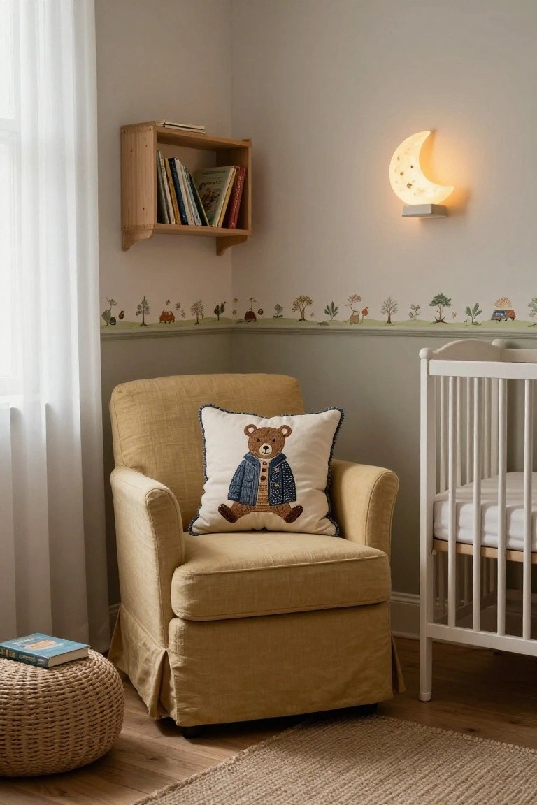 Nursery room corner with mustard yellow armchair holding white pillow embroidered with teddy bear in jacket, wooden wall shelf with children's books, moon-shaped wall light, white crib with mattress, woven footstool, and beige walls with green landscape border.