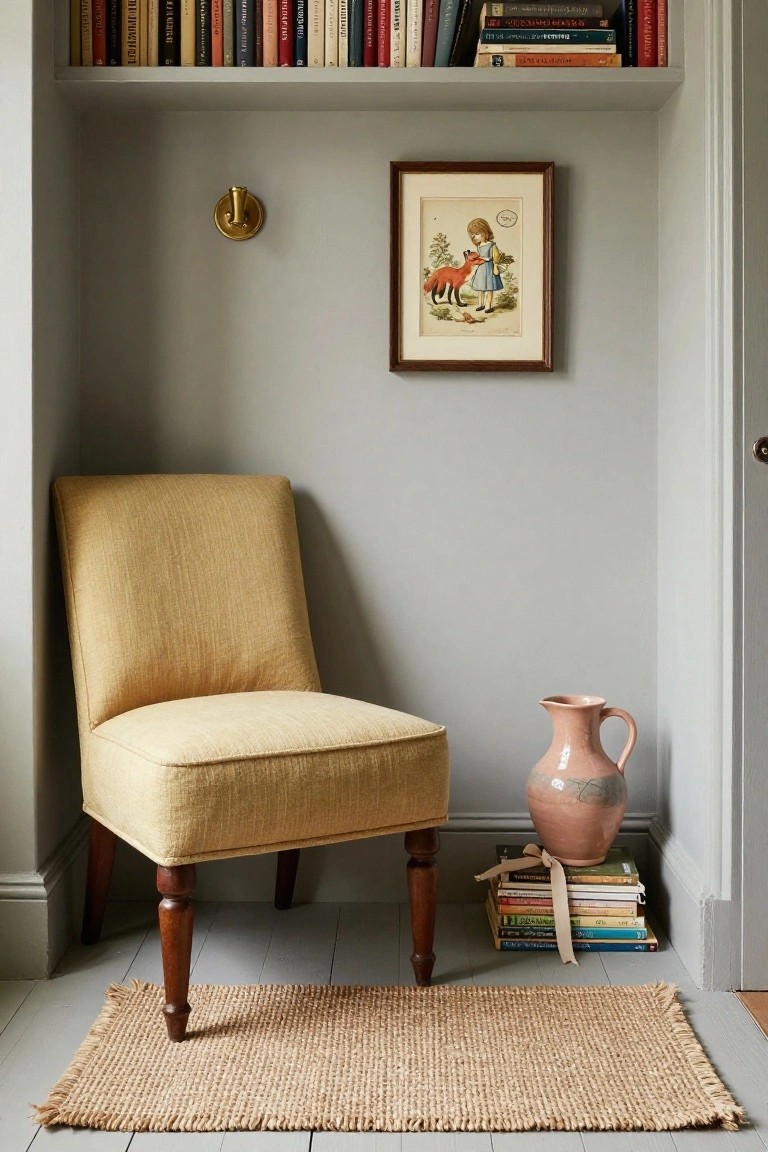 A yellow textured slipper chair in a shallow gray alcove with bookshelves above, a framed print of a girl and red fox on the wall, pink jug next to stacked books on the floor, and fringed seagrass rug.