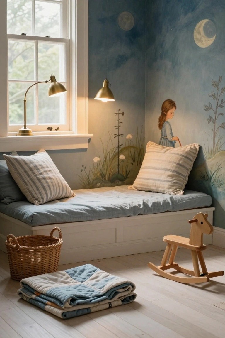 Blue child's bedroom corner with low daybed piled with striped pillows, wooden rocking horse toy, woven basket, folded quilts on wood floor, brass lamps by window, and wall mural of girl in dress amid ferns and moons.