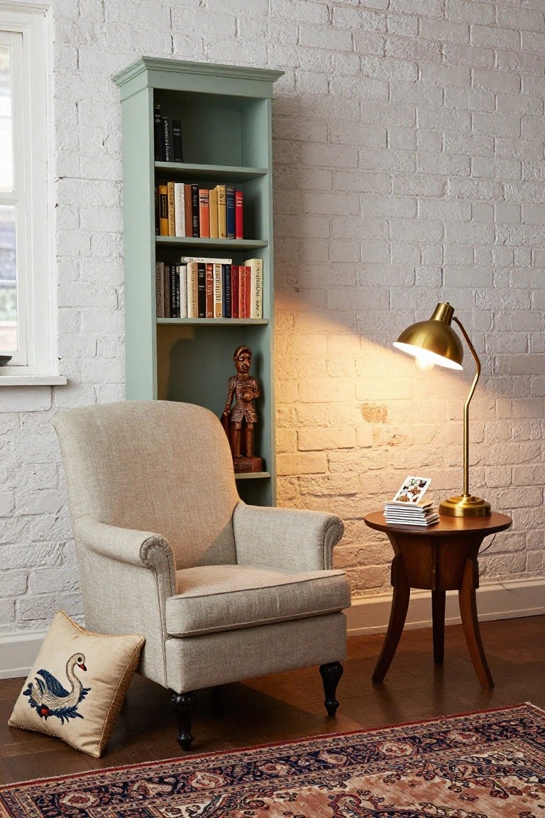 Tall green bookshelves against a white brick wall hold books and a wooden figurine, next to a beige armchair, wooden side table with gold lamp and stacked cards, and a patterned rug on the wood floor.