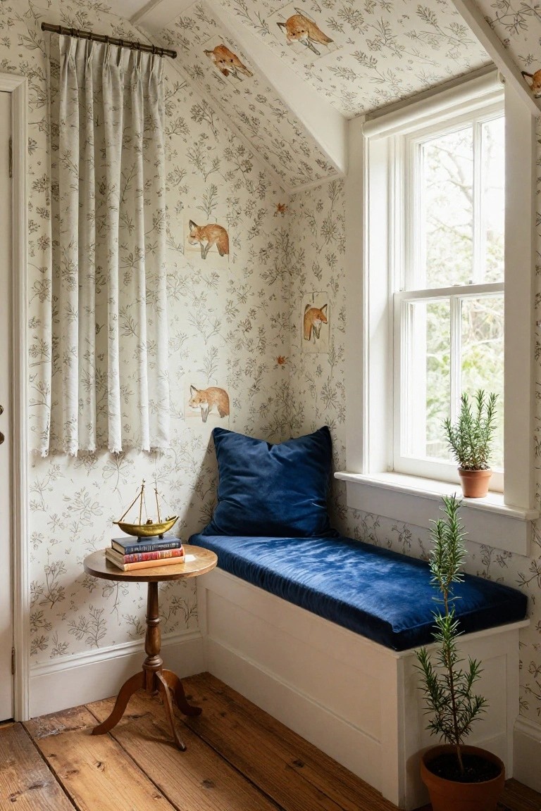 Attic reading nook with beige wallpaper patterned in foxes and foliage on sloped walls and ceiling, blue velvet cushion on white window bench, small round table with stacked books and brass model ship, potted rosemary plants on windowsill and bench, hardwood floor.