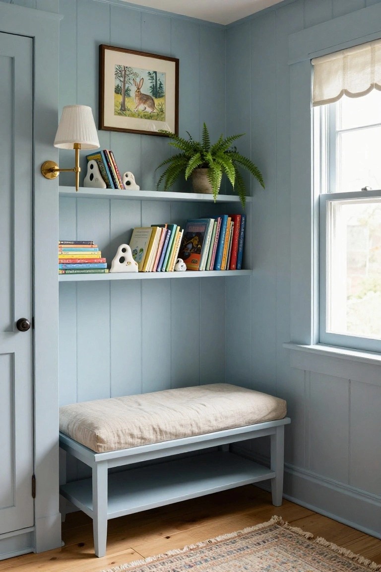 Light blue paneled corner room with open wood shelves holding colorful books, white ceramic figures, and a potted fern above a bench with beige linen cushion and lower shelf, beside a window with sheer curtains.