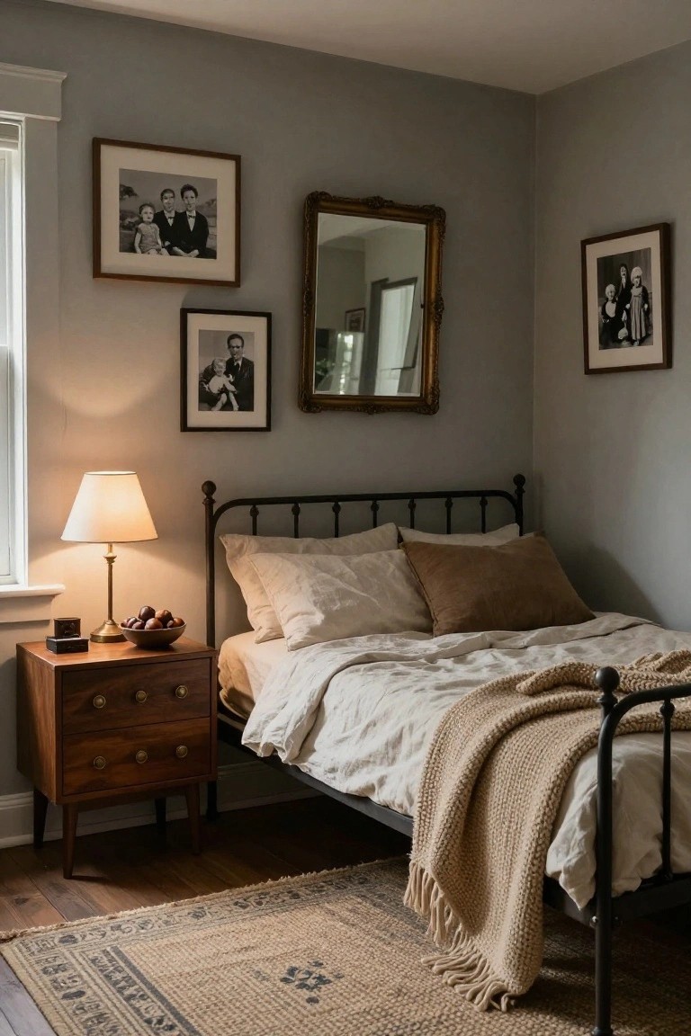 Bedroom corner with light gray walls, black metal bed frame topped with white linen sheets, tan pillows, knit throw, wooden nightstand with brass lamp and bowl of plums, vintage photos, and ornate gold mirror.