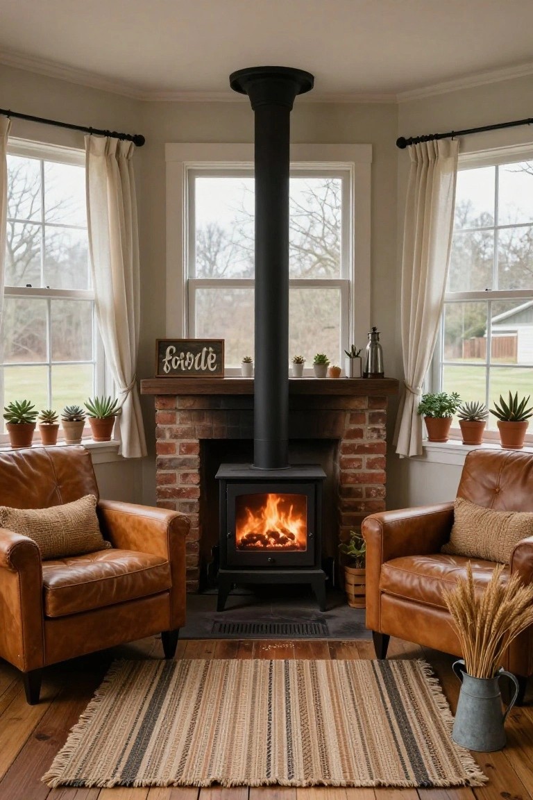 Sunroom corner featuring two tan leather armchairs facing a black wood-burning stove on a brick hearth, with a striped rug in front, plants on the mantel and windowsills, and sheer curtains on three windows.