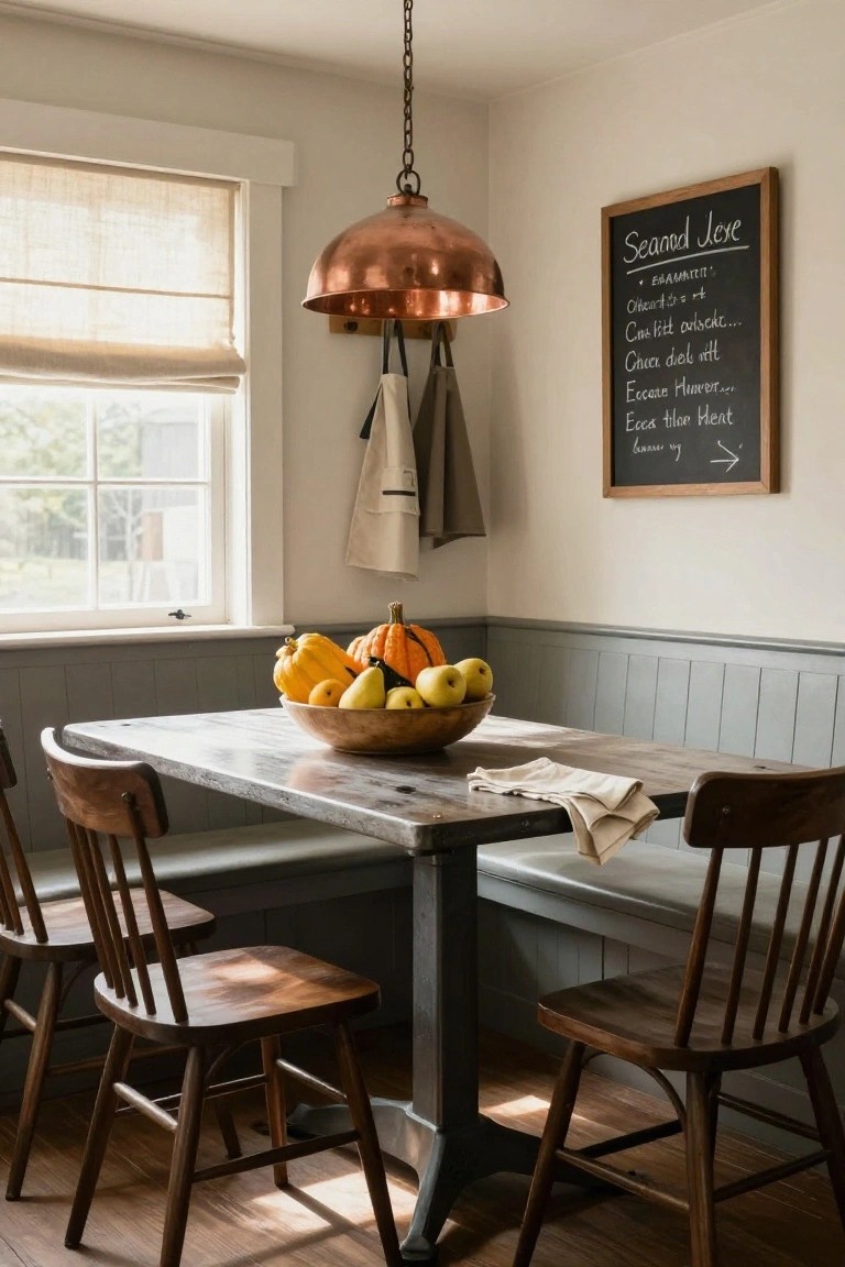 Farmhouse dining nook with rustic wooden table centered under copper pendant light, wooden bowl of pumpkins pears and squash on table, built-in bench along gray wainscoted wall, two wooden chairs, hanging aprons, and chalkboard menu beside window with linen shade.