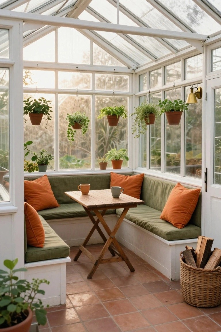 Glass-walled sunroom with L-shaped green bench and orange cushions around a wooden table, hanging potted plants, potted greenery on shelves, terracotta tile floor, and wicker basket of firewood.