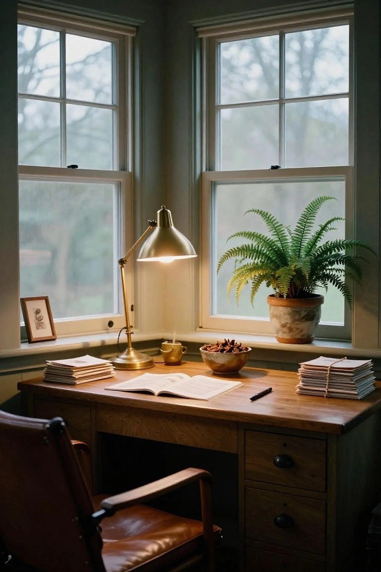 Corner wooden desk with open book, brass adjustable lamp turned on, stacks of papers, small fern plant in pot, leather armchair, and large multipane windows showing trees and rain outside