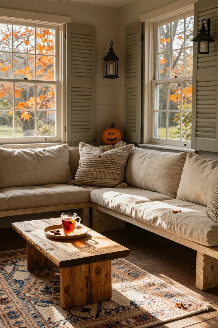 Sunlit corner sunroom interior featuring beige linen L-shaped sofa, low rustic wooden coffee table with glass mug of tea and cinnamon sticks on a plate, carved jack-o-lantern pumpkin on floor, large windows showing orange fall trees, neutral woven pillows, and patterned rug.