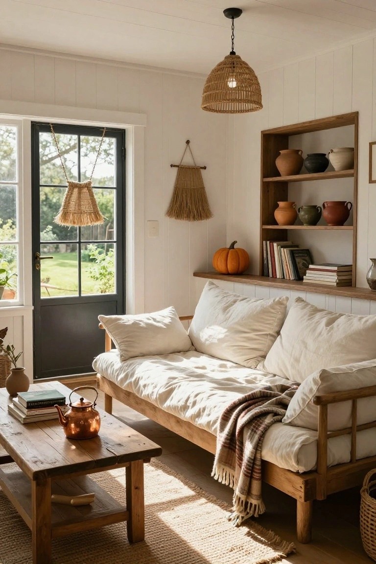 Sunlit white-paneled room with wooden daybed sofa piled with white cushions and plaid blanket, wooden coffee table holding books and copper teapot, wooden shelves displaying pottery jars and orange pumpkin, large black-framed door and windows opening to garden view.