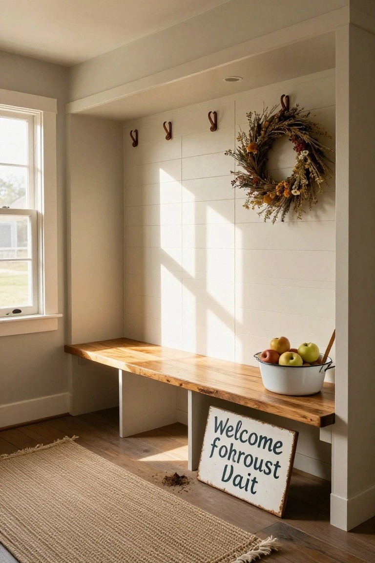 Light wood bench built into a white shiplap wall niche with leather hooks above, fall wreath on wall, white bucket of apples on bench, welcome sign leaning nearby, jute rug on wood floor, and window with view outside.