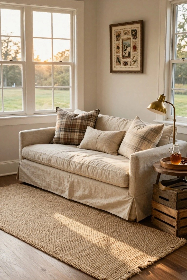 Beige slipcovered loveseat with plaid, checkered, and neutral pillows in a sunlit corner room featuring large multipane windows overlooking fields and trees, a brass banker's lamp on a wooden side table with a jar of iced tea atop wooden crates, and a seagrass rug on hardwood floors.