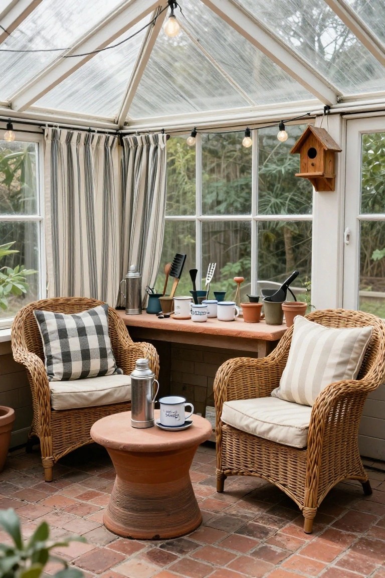 Sunroom with two wicker armchairs facing each other around a low round terracotta table, checkered and striped cushions, wooden side table holding mugs, thermos, garden tools, and plants, glass walls and string lights.