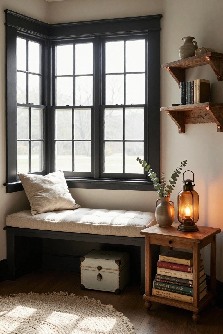 Corner interior with cushioned bench seat under black-framed bay windows, wooden side table holding stacked books and lit lantern, eucalyptus in vase, and wall shelves with pottery and books.