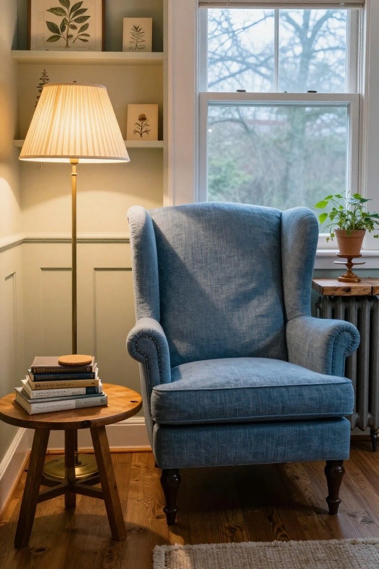 A blue linen wingback armchair beside a round wooden side table with stacked books and a brass lamp base in a sunroom with window, shelves, and potted plant.