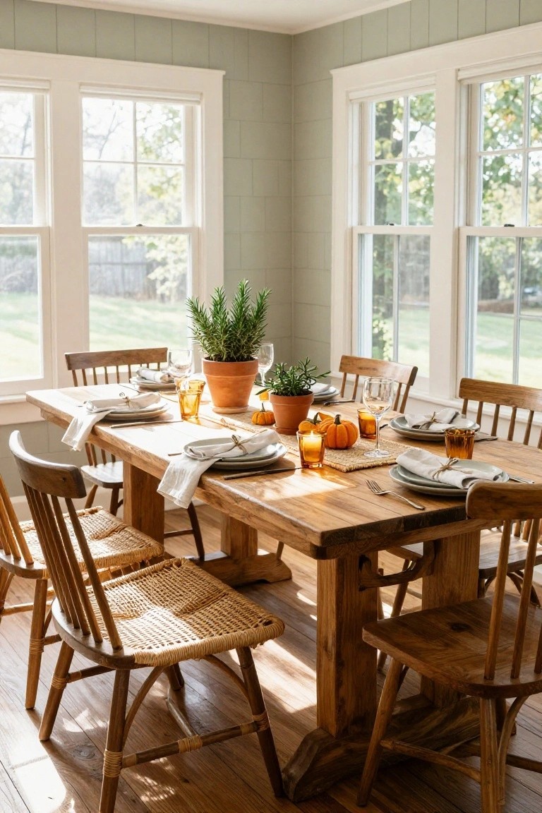 Sunlit dining room with large windows overlooking a yard, featuring a long rectangular wooden farm table set with white plates, small orange pumpkins, terracotta pots of rosemary, amber glassware, and chairs in wood and rattan.