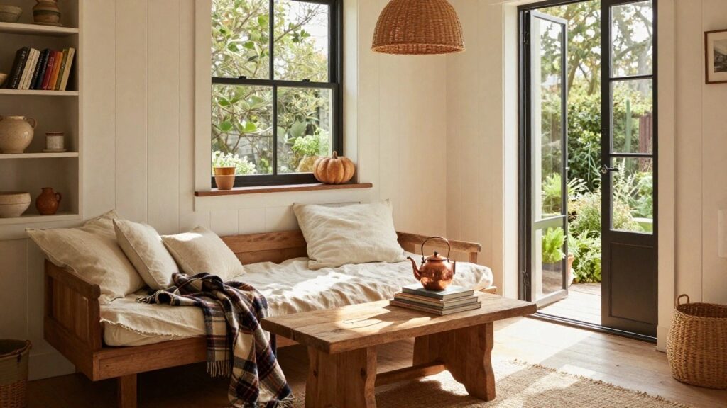 Sunlit white-paneled room with wooden daybed sofa piled with white cushions and plaid blanket, wooden coffee table holding books and copper teapot, wooden shelves displaying pottery jars and orange pumpkin, large black-framed door and windows opening to garden view.