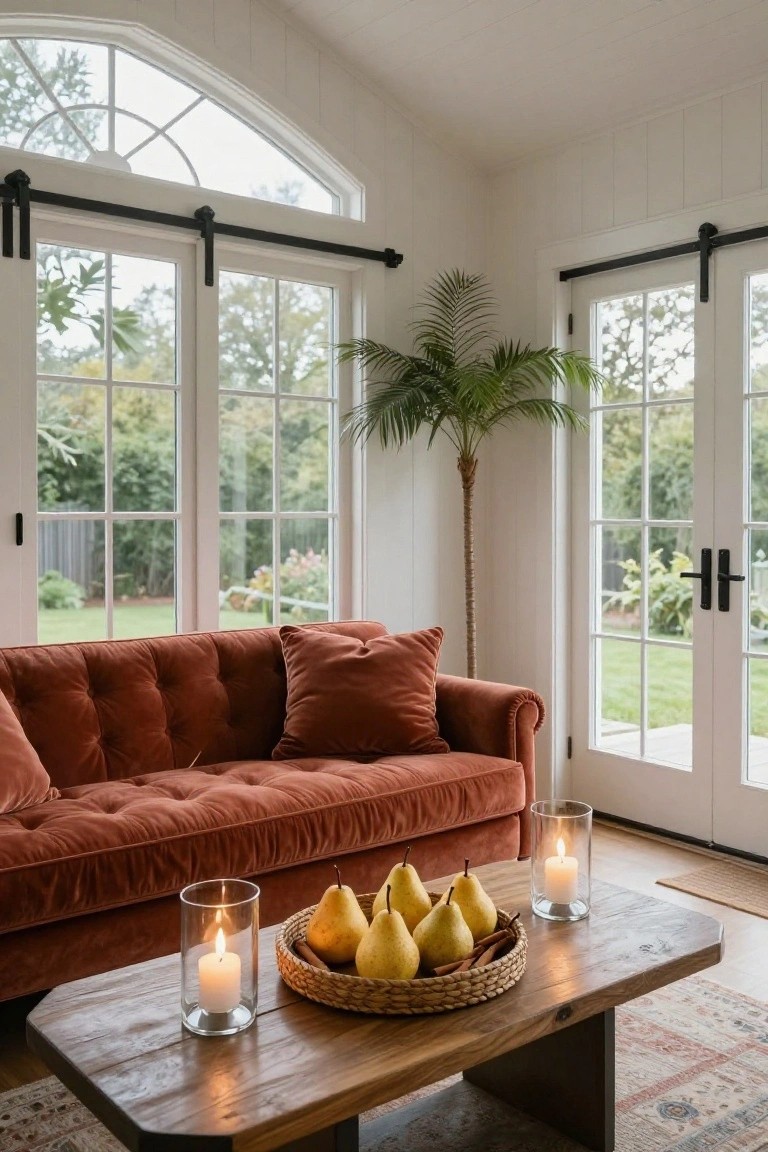 Sunroom with white shiplap walls, rust tufted velvet sofa, wooden coffee table holding basket of pears and candles, potted palm plant, and large windows overlooking garden and trees.