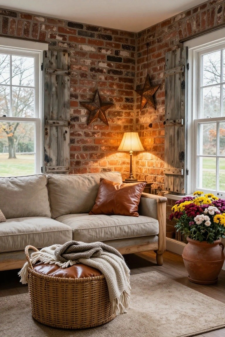 Corner of a sunroom with exposed red brick walls, large white-framed windows with wooden shutters overlooking trees and fields, beige linen sofa with tan leather pillows, brass table lamp, colorful flower arrangement in terracotta pot, and wicker ottoman with gray and white throws on a light rug.