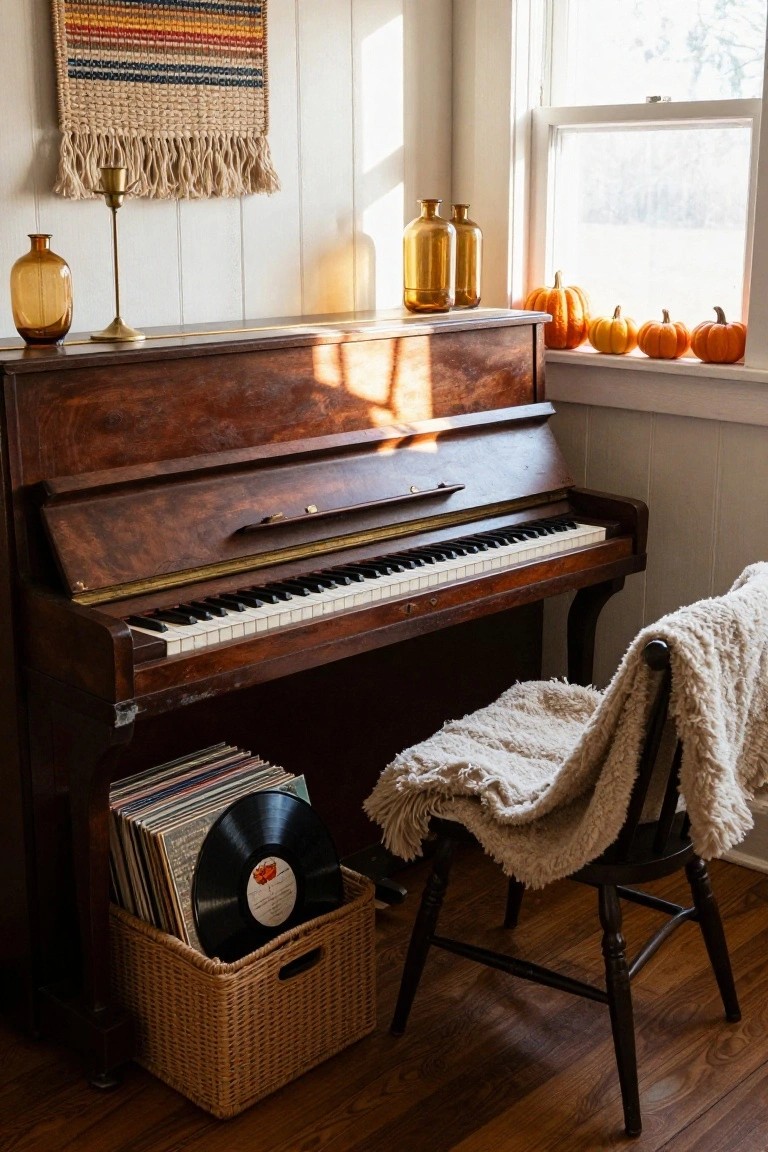 Sunlit interior corner with wooden upright piano, open keyboard cover, basket of vinyl records beside it, wooden chair draped with cream throw, glass bottles and candlestick on surfaces, pumpkins on windowsill, and woven wall hanging.