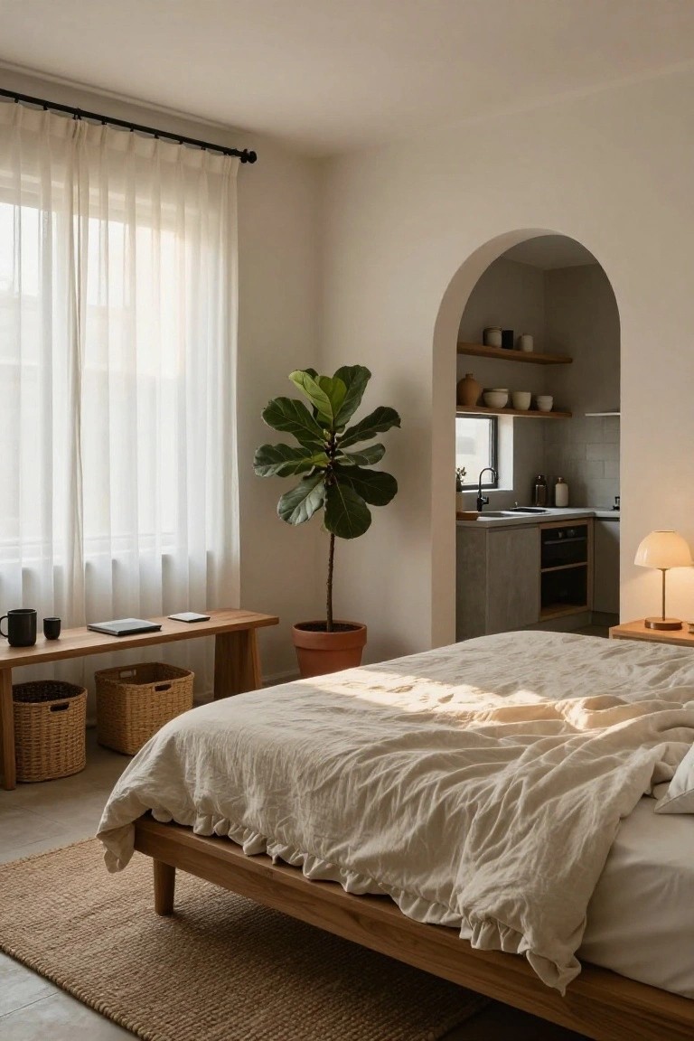 Light-filled studio apartment bedroom with wooden platform bed draped in white linens, fiddle leaf fig plant in terracotta pot, sheer curtains over windows, wooden bench holding baskets and a mug, and arched doorway opening to compact kitchen with wood shelves and sink.