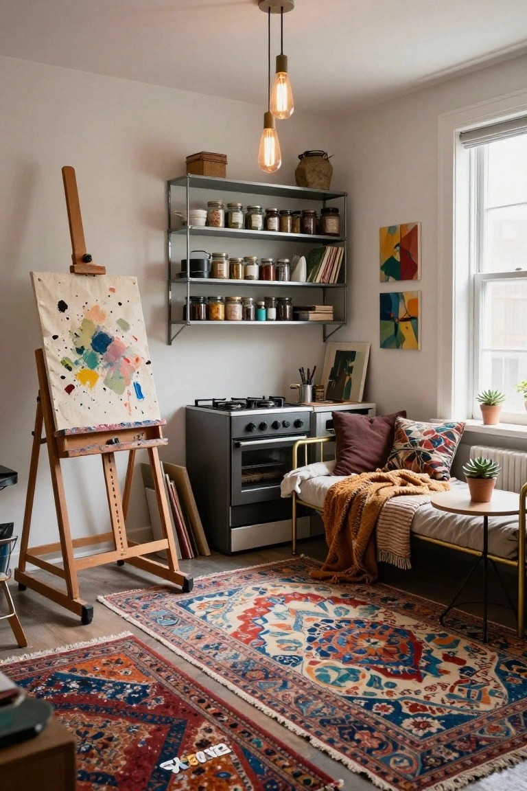 Small studio apartment interior with wooden easel holding unfinished abstract painting, metal shelves filled with jars and books, gray kitchen stove, daybed piled with pillows and blankets, two layered patterned rugs, and potted plants by window.
