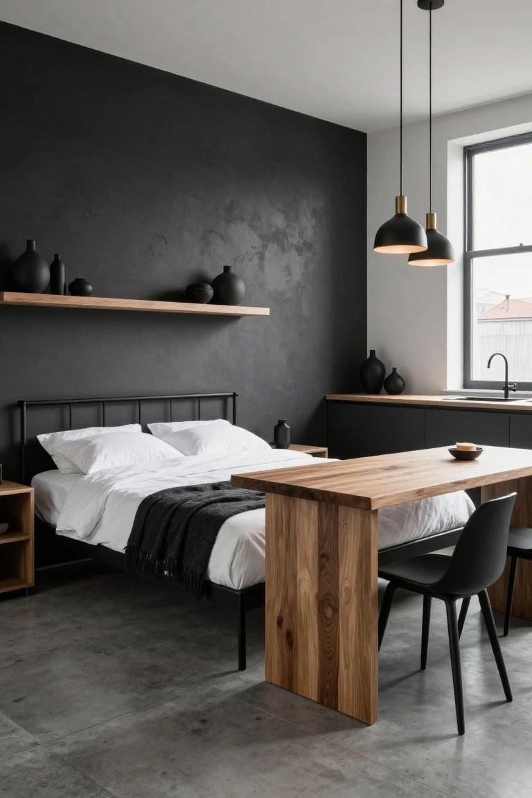 Studio apartment bedroom with black textured accent wall, black metal bed frame with white bedding and gray throw, oak wood table positioned against the bed serving as nightstand and dining area with black chair, wooden shelves holding black vases, small kitchen sink, and black pendant lights.