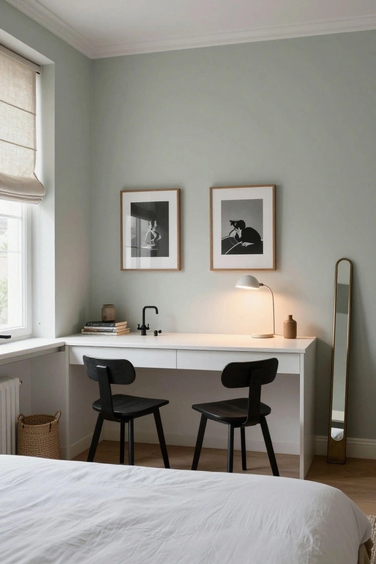Pale green bedroom corner with white L-shaped desk, two black chairs, desk lamp, books, vase, two framed black-and-white photos, full-length brass mirror, and white bed in foreground.