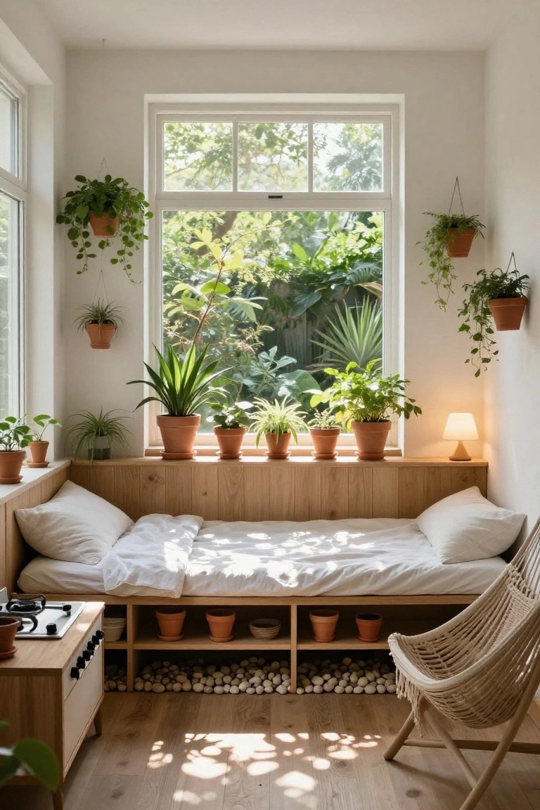 Bright indoor nook with wooden built-in daybed under window ledge holding multiple terracotta potted plants, hanging planters, small cooktop on shelf below, rattan chair, and light wood floors.
