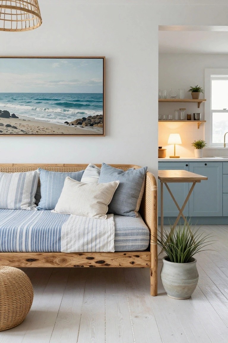 Rattan daybed with blue and white striped bedding, assorted pillows, and wooden legs in a white-walled living room featuring an ocean artwork, potted plants, a small table, woven pouf, and open blue kitchen beyond.