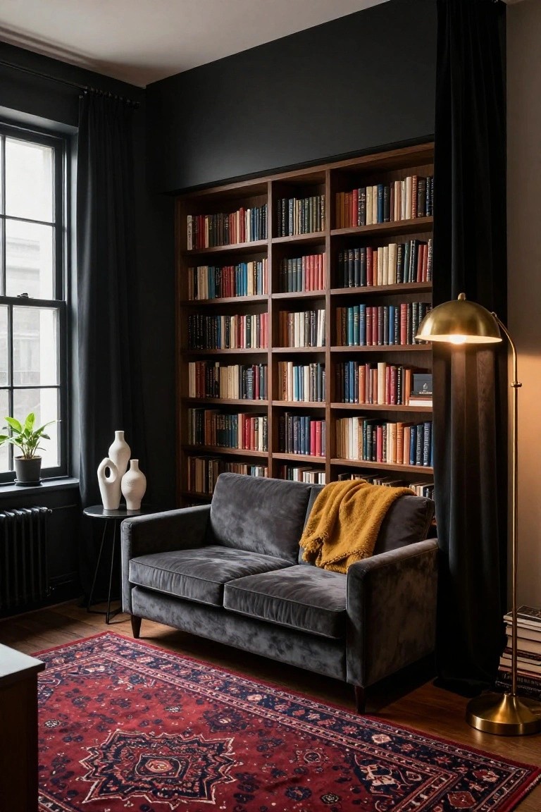 Dark-walled room corner with tall wooden bookshelves filled with books, gray velvet two-seater sofa with yellow throw blanket, brass arc floor lamp, white ceramic vases on side table, potted plant, and red patterned rug on wood floor.