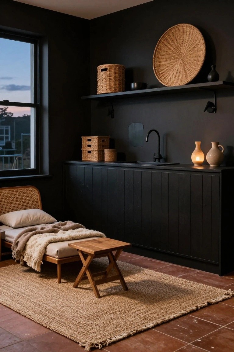 Dark interior room with black paneled cabinets and sink, wicker baskets on shelves, low wooden daybed with pillows and wool throws, small folding table, and seagrass rug on terracotta floor tiles next to a large window at dusk.
