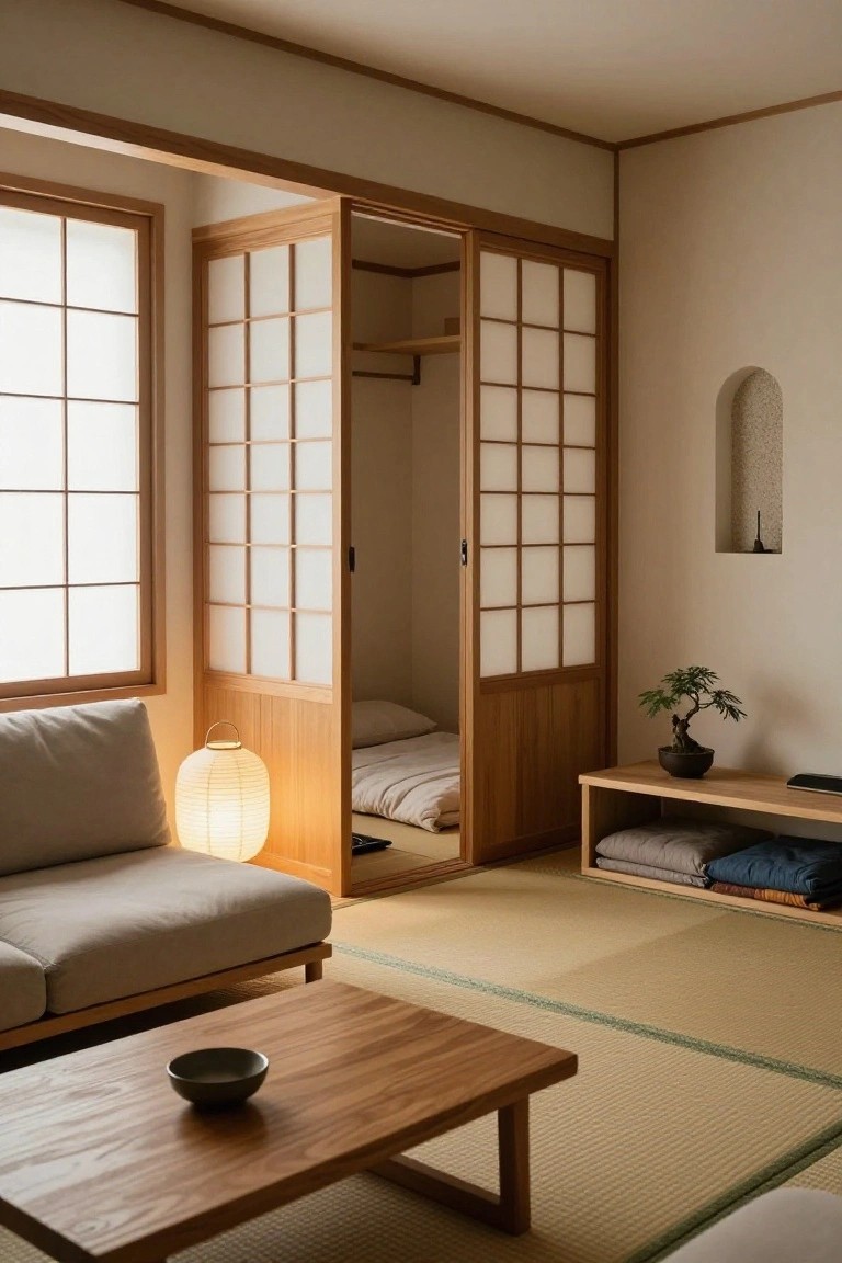 Japanese-style interior room with open sliding shoji screens dividing a living area from a futon bed alcove, featuring a low beige sofa, wooden coffee table on tatami mats, paper lantern lamp, and bonsai plant on a shelf.