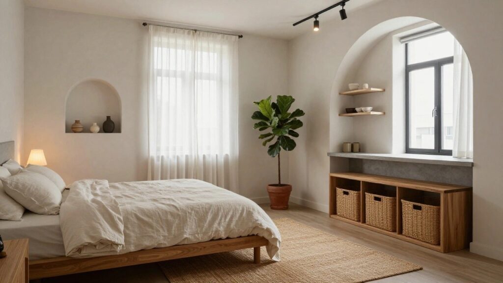Light-filled studio apartment bedroom with wooden platform bed draped in white linens, fiddle leaf fig plant in terracotta pot, sheer curtains over windows, wooden bench holding baskets and a mug, and arched doorway opening to compact kitchen with wood shelves and sink.