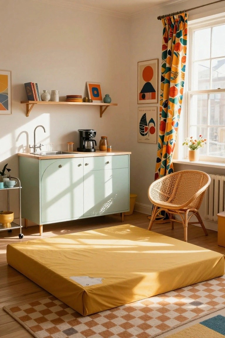 Studio apartment interior with yellow floor mattress on checkered rug, mint green curved kitchen cabinets, sink, coffee maker, rattan armchair, colorful patterned curtains at window, and geometric art on walls.