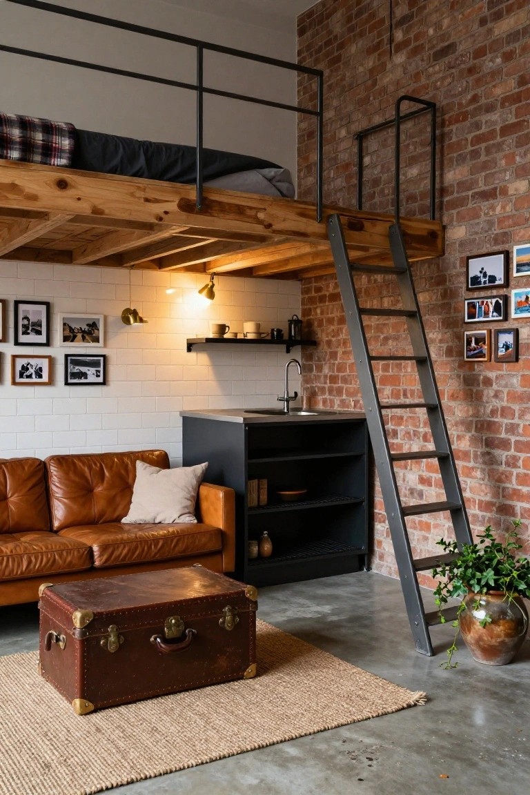 Studio apartment interior with wooden loft bed platform accessed by black metal ladder against brick wall, leather sofa on rug with vintage trunk, small kitchenette, and potted plant.