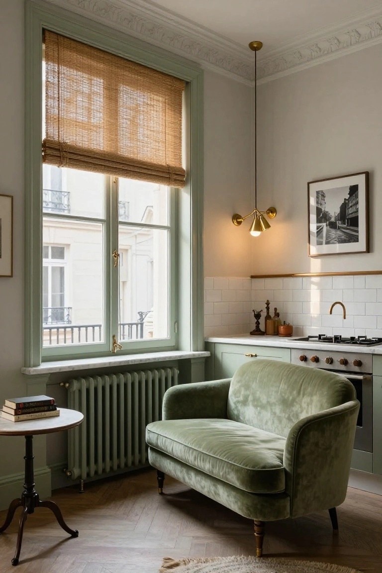 Small green velvet sofa positioned next to a green radiator under a large window with bamboo blinds in a compact kitchen with white subway tile backsplash, brass faucet, and wood plank flooring.