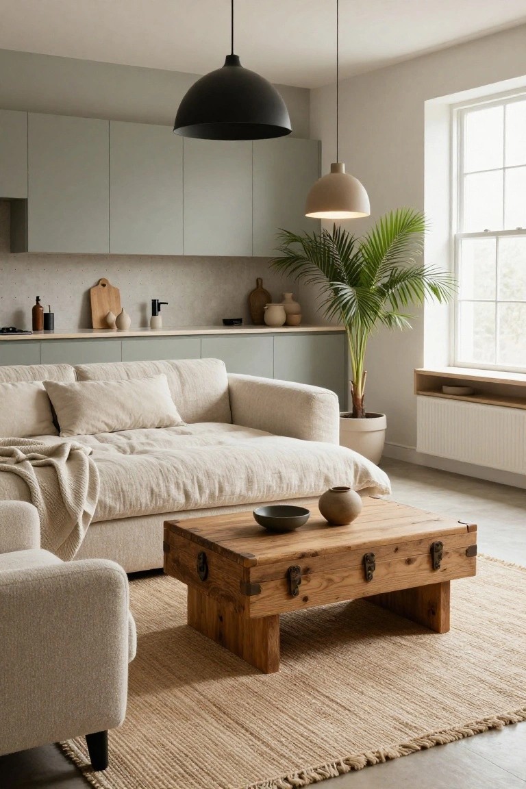 Open-plan interior with sage green upper kitchen cabinets, cream linen sofa and armchair, low wooden trunk coffee table with metal hardware on a seagrass rug, potted palm plant, and beige pendant lights.
