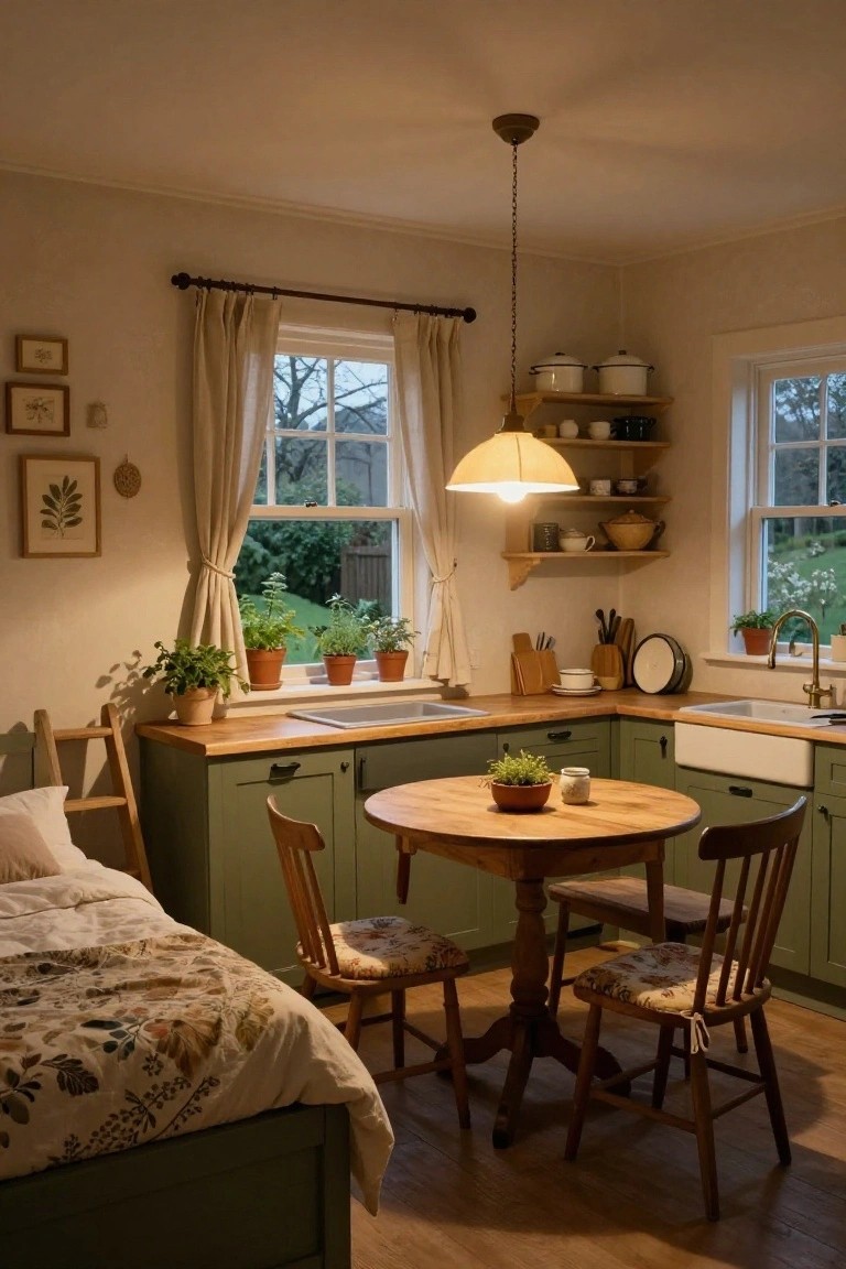 Cozy studio apartment kitchen-dining corner with sage green lower cabinets, wooden round table and chairs, potted plants on windowsills, white farmhouse sink, open shelves, and a bed frame nearby.