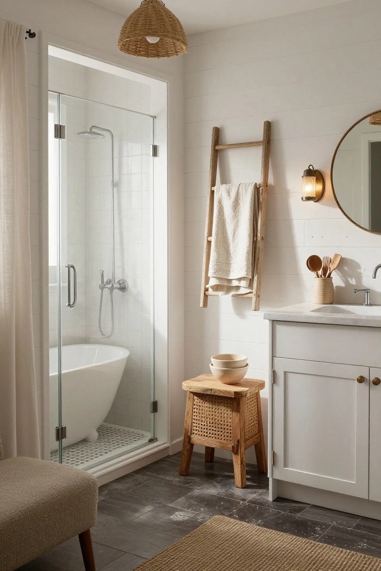 A bathroom with a glass shower enclosure containing a white freestanding oval bathtub, wooden ladder towel rack with draped towel, rattan stool next to white vanity, and woven pendant light overhead.