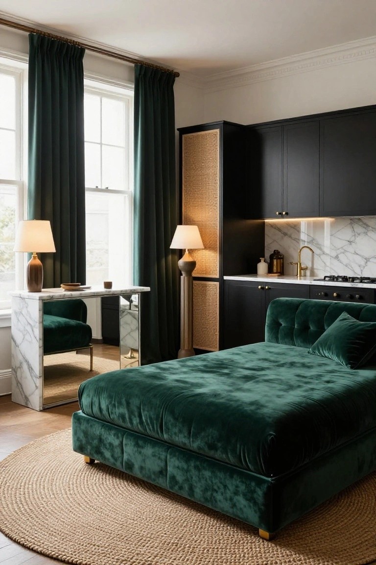 Stylish bedroom featuring a green velvet bed, marble desk, and dark cabinetry.