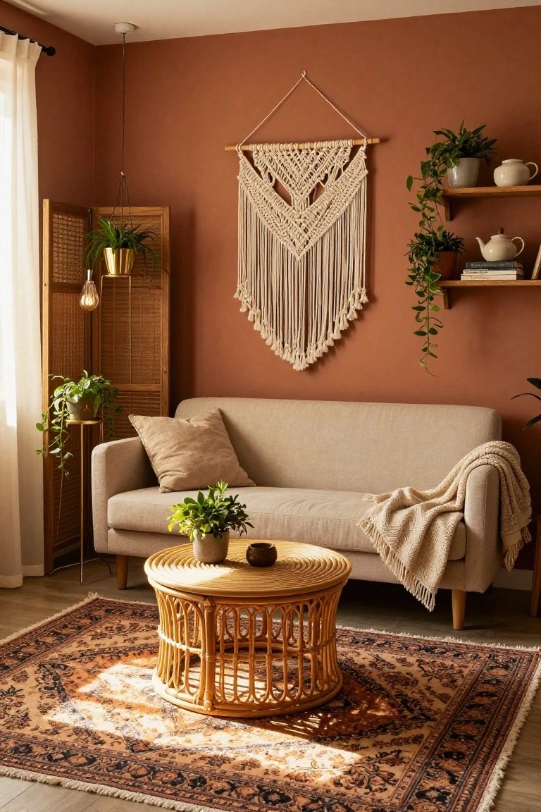 Cozy studio apartment living room corner featuring terracotta walls, beige sofa with throw blanket, rattan coffee table, macrame wall hanging, multiple potted plants, bamboo room divider, and Persian-style rug on wood floor.