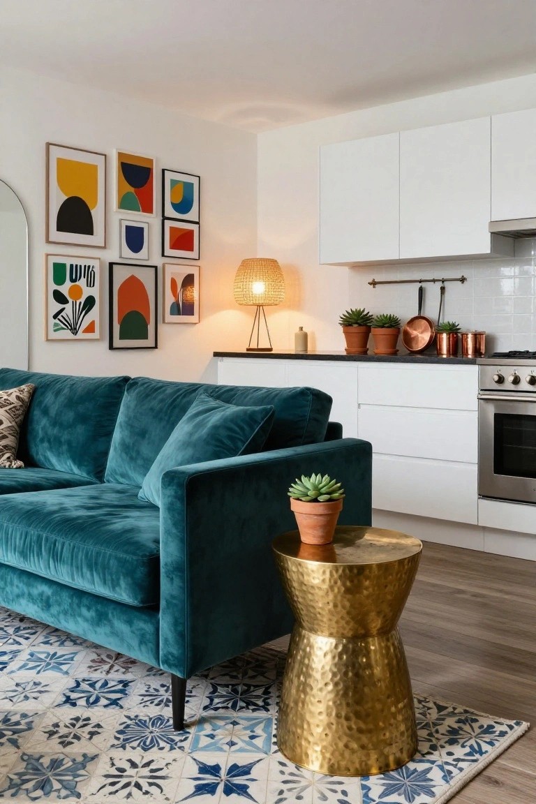 Open-plan studio interior with a teal velvet sofa adjacent to white kitchen cabinets and counters, colorful abstract art on white walls, potted succulents, copper pots on shelves, rattan lamp, and hammered gold stool on a blue patterned rug over wood flooring.