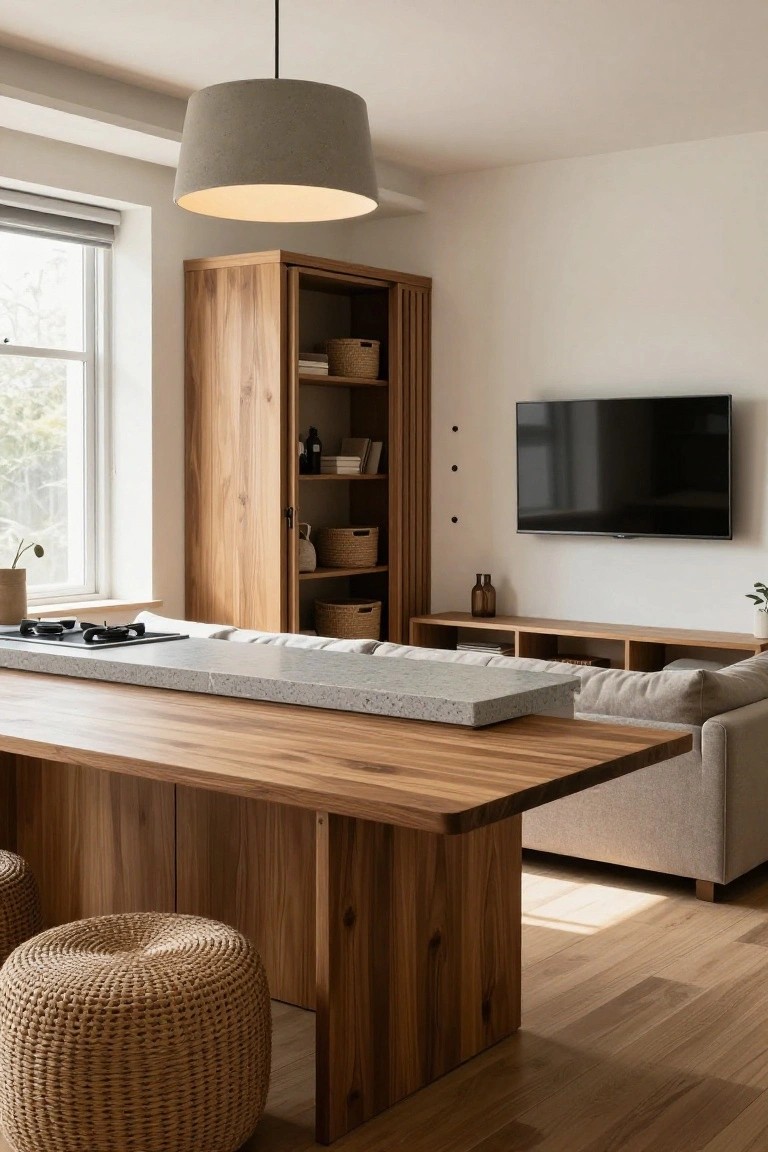 Studio apartment interior showing wooden kitchen island with stone countertop and gas burners, rattan stools, wood cabinets, gray sofa, TV on wall, and window with blinds.